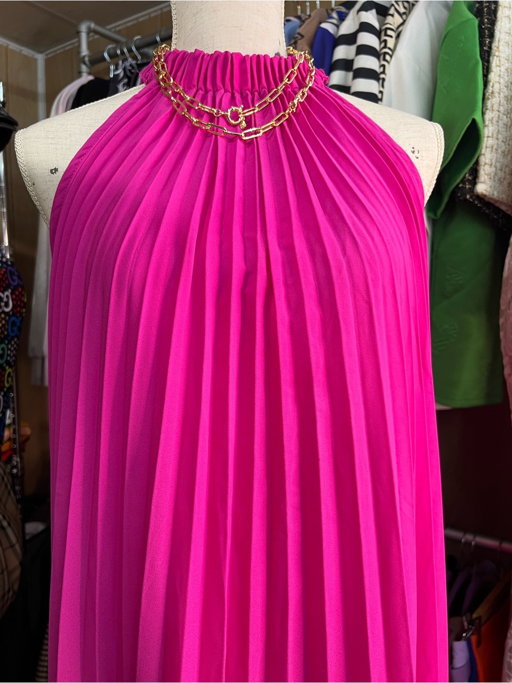Pleated Halter Maxi Dress in Hot Pink